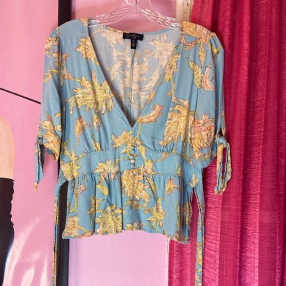 Jessica Simpson Mediterranean Plunge Neck Cropped Blue Floral Blouse Women’s Sm - Picture 6 of 7